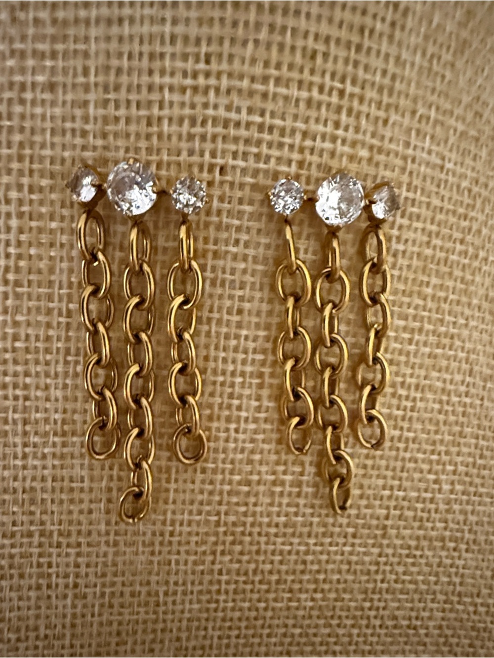 Stainless Steel Gold Chain Drop Earrings Stone Studs - Women Jewelry
